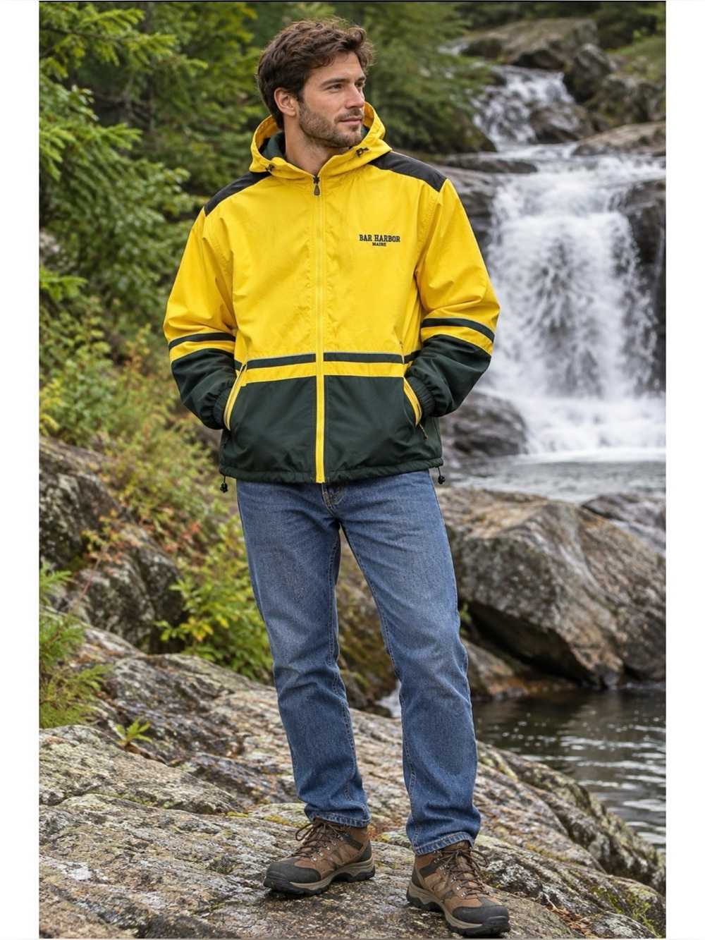 Men’s Bar Harbor Maine Yellow Navy Fisherman’s Hooded Fleece Lined Jacket XL
